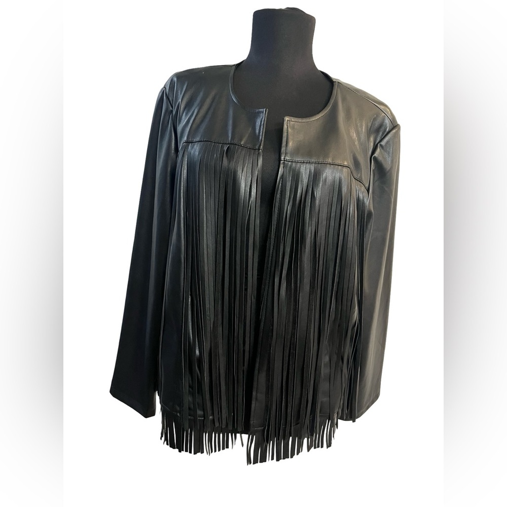 Chico's Black Leather Fringe Jacket Size 2, worn once!! - Picture 1 of 9